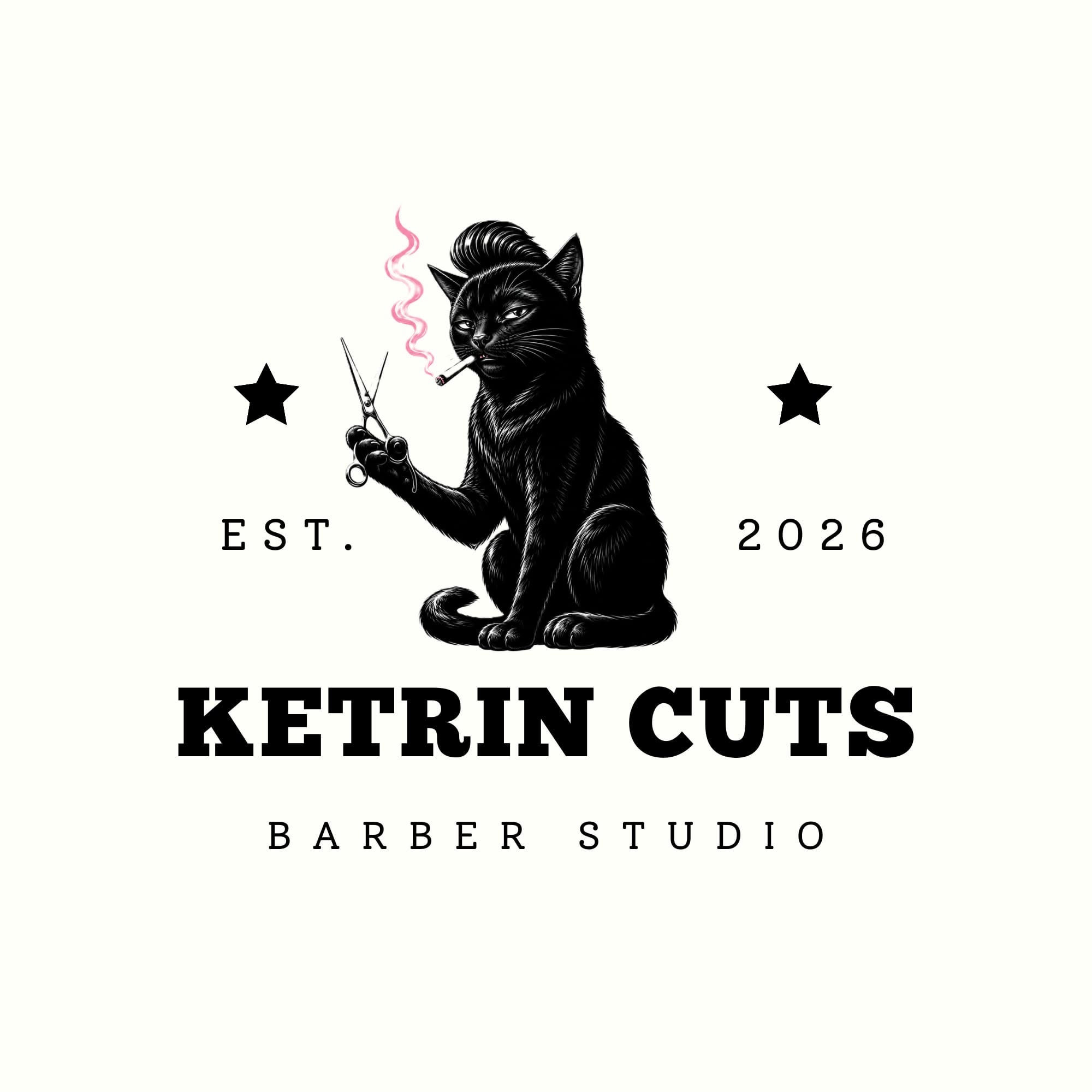 Znak KETRIN CUTS z kotem i nożyczkami